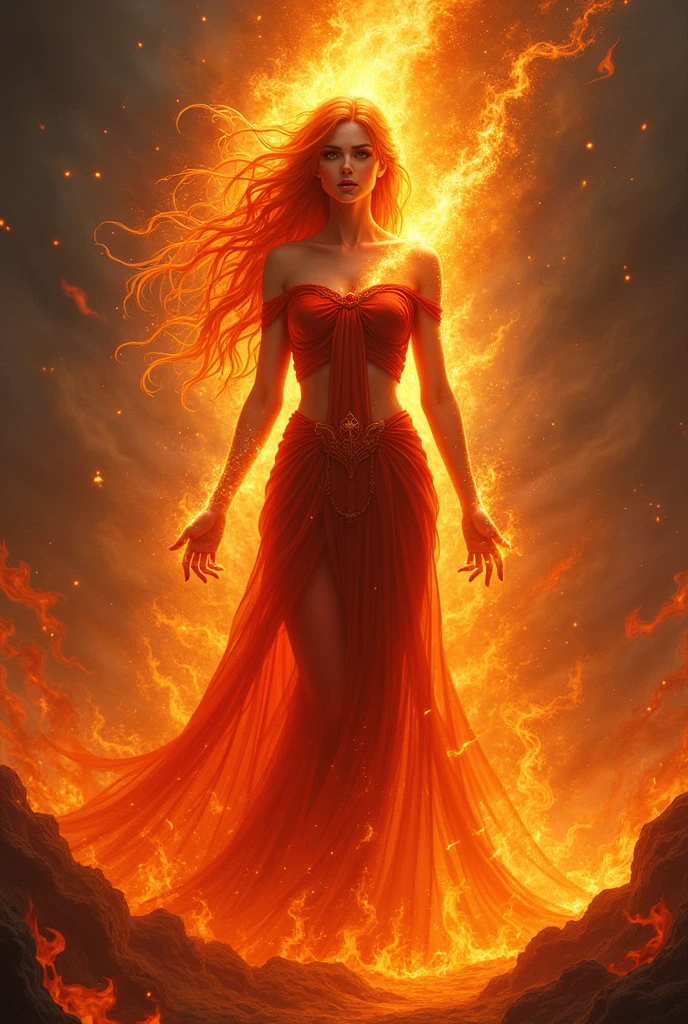 Fantasy-style digital artwork featuring a sexy female fiery, ethereal figure emerging from a volcanic landscape. The central subject is a humanoid figure with flames for hair and a body composed of fire, giving the appearance of a fire spirit or elemental. The figure is positioned in the center, rising from a pool of molten lava atop a rocky outcrop. The background is dominated by intense shades of red, orange, and yellow, depicting a hellish, volcanic environment with flowing lava and dark, jagged rocks. The overall composition is dynamic, with the flames and lava creating a sense of movement and energy.