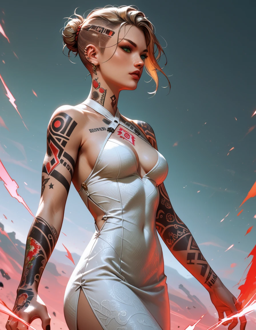 Score_9, score_8_up, score_7_up, MEJack, 1girl, slim figure, dark blonde hair, (green eyes), messy bun hairstyle, undercut hairstyle, tattoo,tattooed body, chest tattoo, wearing white bodycon dress, (sideless dress), keyhole cutout, (((red) psychic energy in hands)), (combat stances), wide angle