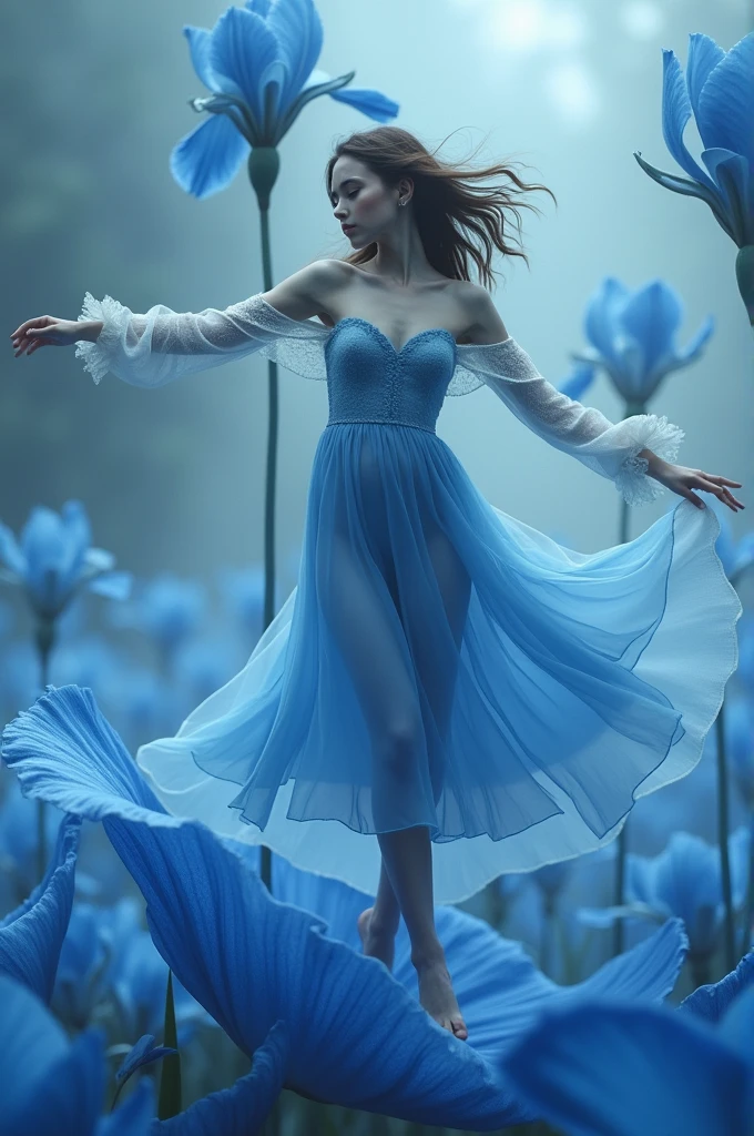 full length, graceful figure, Beautiful legs, dance pose, brunette, Beautiful face, light white tones, Esbian Full Body, White background, daylight, Efeito de Luz, minimalist, Solar, pure tenderness, soft lighting, Realism, woman, which (collarbone, shoulders) posing with his back (prays and stands) on a super-giant petal of a dark blue iris flower with double and long petals (petals made of thin, soft gauze cloth, full background of many flowing transparent blue petals, floating flower, in her hand there is a long stem above her head, huge giant blue iris flower, over her head, Smoke effect, fog, mixed with blue iris petals), fluffy skirt made of blue iris flower petals,, ((ss-through)). ReV Animated