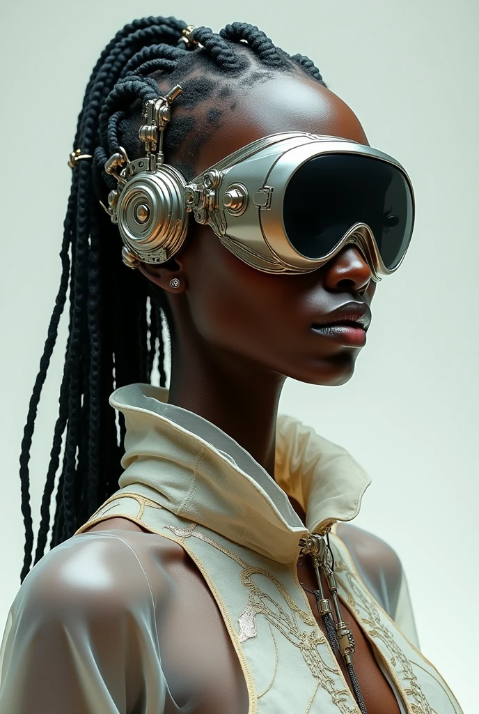 Studio_Punkji, The image is a close-up portrait of a futuristic woman's face. The woman's head is tilted slightly to the side, and her eyes are closed. She is wearing a large, transparent helmet that covers her entire head. The helmet is made up of multiple layers of orange and yellow wires that are intertwined and intertwining. The wires are connected to each other, creating a complex and intricate design. The background is a neutral beige color, and the overall mood of the image is futuristic and futuristic.