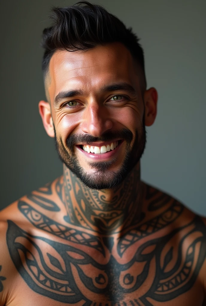 (photorealism:1.2) handsome man,athletic, with a wide smile and prominent fangs,Eyes of different colors each ,black hair and military cut,tattooed up to the neck,tall and funny