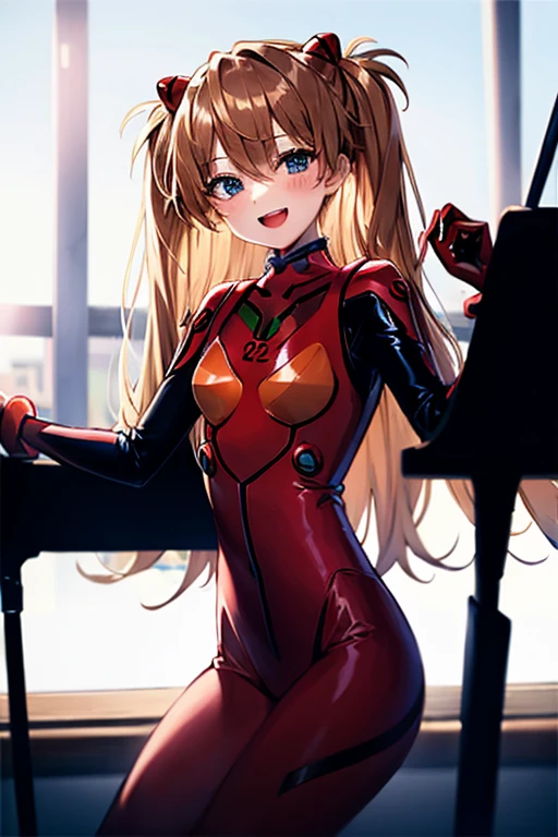 (( top quality)), ((masterpiece)), (be familiar with),  perfect face, indoor, bedroom,  watching viewers,
One woman,  Soryu Asuka Langley,
 open mouth,  ecstatic expression beside the piano, blush, smile,
 small tits,  flat chested, Young girl, Lori,  s,  girl,
 long hair,  Twin Tails ,
Leg spread,