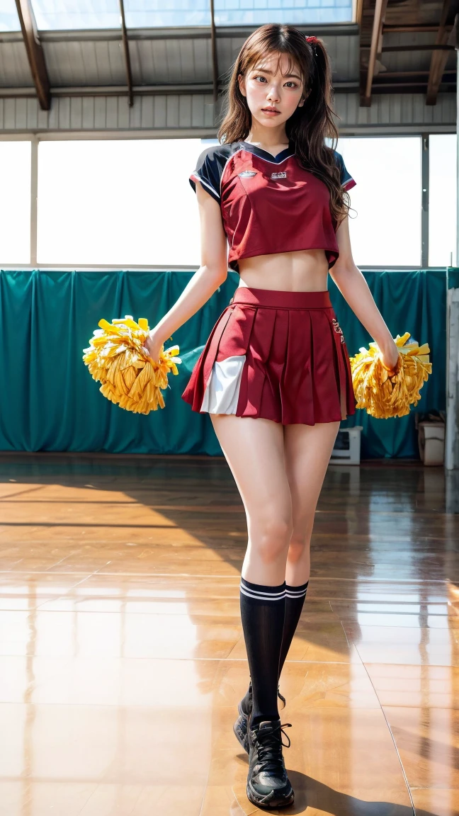 masterpiece, best quality, illustration, Super detailed, fine details, High resolution, 8K,wall paper, perfect dynamic composition,(Details High quality, realistic depiction of eyes:1.3), hotel room, (cheer girl:1.5),(a miniskirt), to stand、large breasts,short bob hair, black hair color, Big Natural Color Lip, bold sexy pose, crying a little、Harajuku style、20 year old girl、cute type、lolita、beautiful legs, hposing Gravure Idol