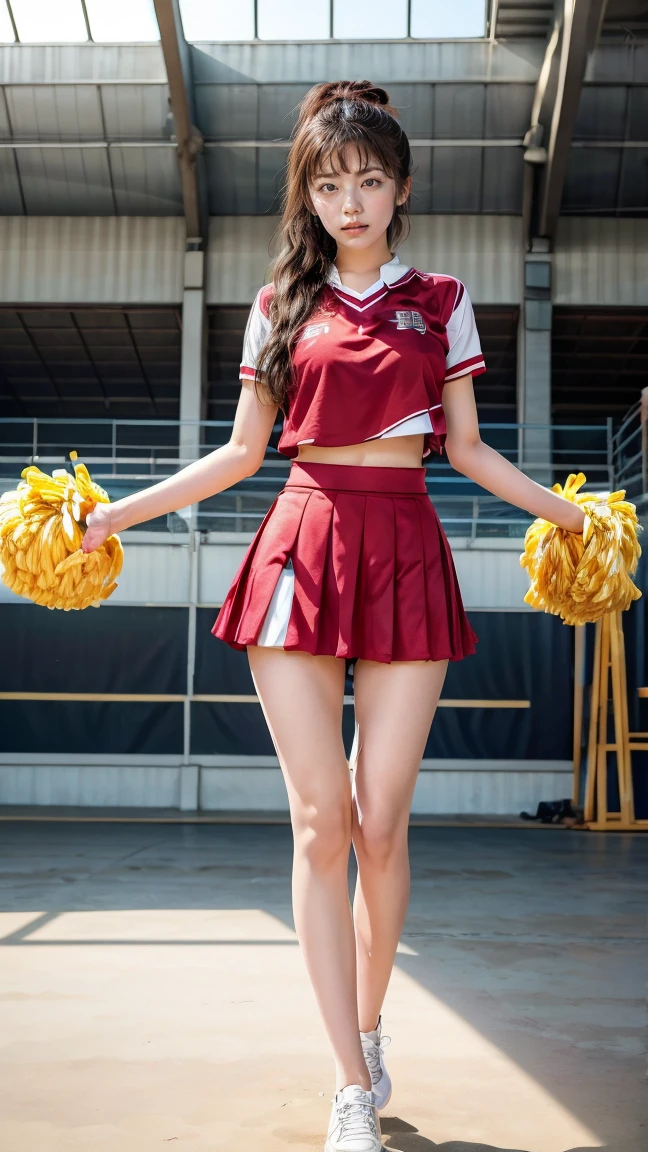 ((top-quality、in 8K、Photorealistic full-body photography、masterpiece))、Back lighting、highly detailed facial textures women、18year old、(((School Uniforms)))、、((Raise your right foot up))、super-detaild skin、beautiful make up、A detailed eye、A smile、open open mouth、Glossy brown messy ponytail