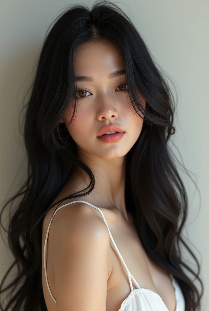 Can you generate a photo calm  pretty women like she believe buddhism.
She is wearing white frock and she has a longe black hair