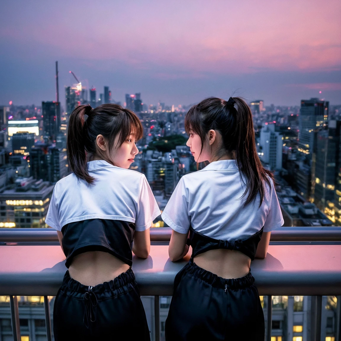 10. “On the rooftop of a high-rise building, identical twin sisters lean against a railing, gazing at the Tokyo skyline lit up at night. Their stylish streetwear outfits and the cool evening breeze are palpable in the image.”