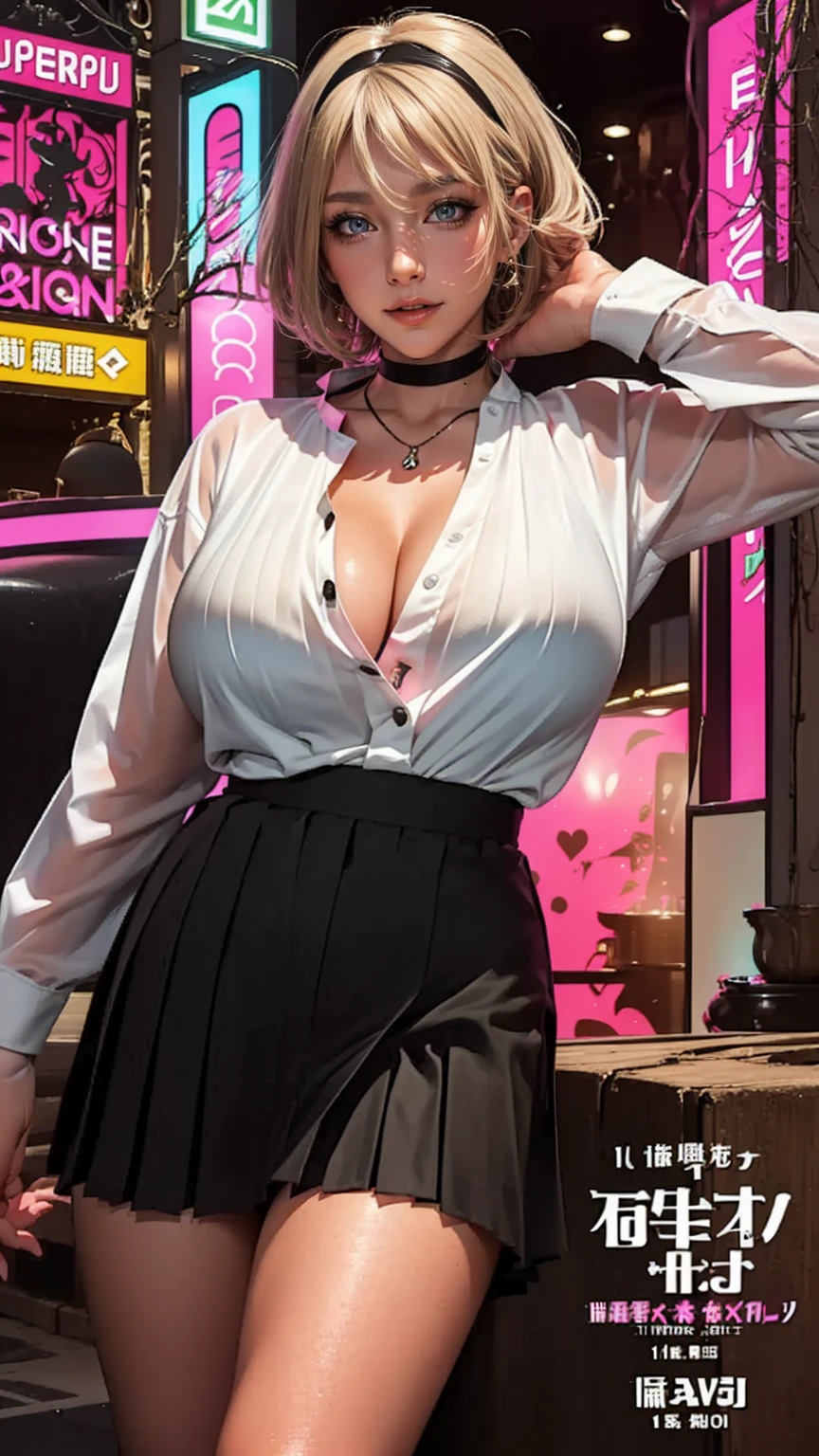 ((JAV Cover:1.8, Big Titles, Countless insults、 POP title text:1.8)),(SFW:1.8, highest quality、highest quality、masterpiece、Ultra-high resolution, 8k, RAW Photos, Realistic: 1.4), (Safe and secure、everyone、safety sensor、Absolutely safe, safety), Lighting to suit your space、From feet to head、One Girl, the body is slim、Oval Face, pore, (Multi-color contact lenses、Lip gloss, Long eyelashes), (Mega size super big breasts:1.5), ) (Detailed pupil, Perfect Eyes:1.2), (Reflects light、Shiny clothes that show wrinkles:1.2), (A lot of ear piercings), necklace, latex, Attractive perfect female proportions, Fine surface texture, high school girl 、Captivating woman、pixie short hair、break 、White yellow hair color、(White shirt and black pleated skirt:1.8)、relax、break、(Shiny fluorescent pink gloss lip、gyaru makeup:1.3), Big cleavage、(In front of a neon-lit Japanese love hotel)、(Squint your eyes:1.3,Please open your mouth wide:1.2、Ecstatic face:1.2) , Take a look at the screen、(Move it a little further away from the camera:1.5、From head to toe:1.5、Offer your hand、Attractive pose)、(animation depiction:1.8)