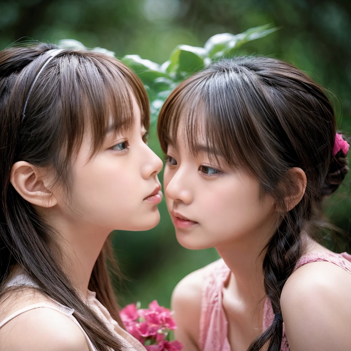 "The twins kiss each other on opposite cheeks simultaneously, their identical faces forming a perfect symmetry."