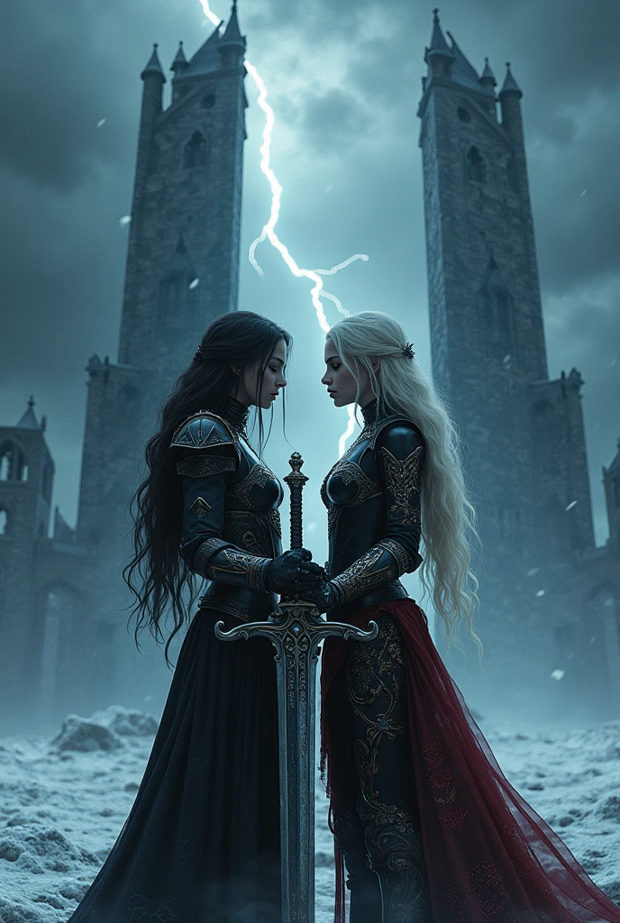 dramatic gothic fantasy landscape, ominous black tower looming in a frozen wilderness, dark clouds overhead with lightning flashing, two beautiful young female knight sisters standing side by side wielding swords, highly detailed faces with beautiful eyes, long flowing hair, the final battle, (best quality,8k,highres,masterpiece:1.2),ultra-detailed,(realistic,photorealistic,photo-realistic:1.37),cinematic lighting,dark fantasy realism,concept art,professional photography,sharp focus,vivid colors