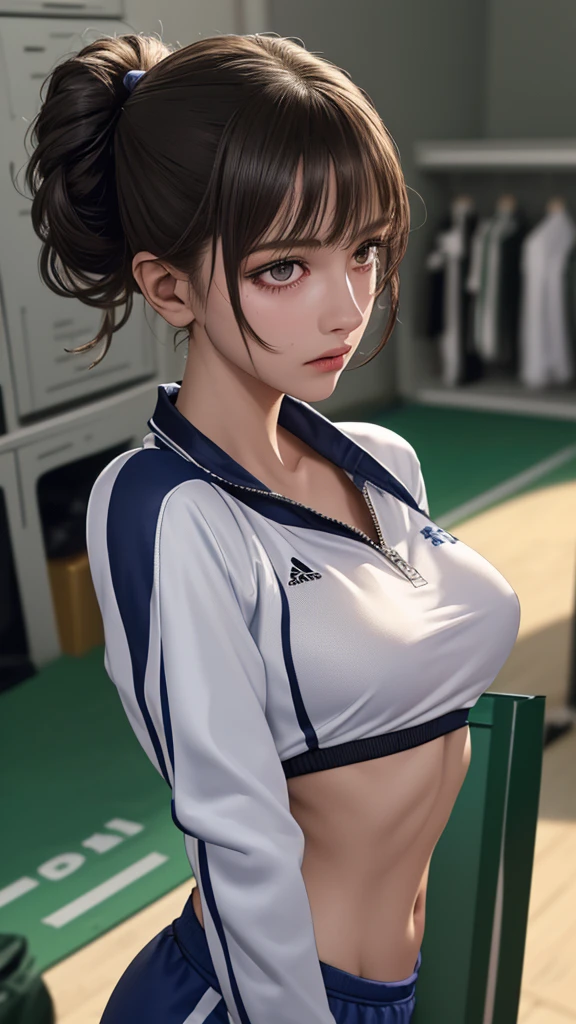 locker room,track suit,(Thin type:1.5),(large breasts),(random hairstyle),(Highest image quality,(8K), Ultra-realistic, Best Quality, High quality, High Definition, high quality texture, high detailing, Beautiful detailed, fine detailed, extremely details CG, Detailed texture, realistic representation of face, masterpiece, presence)