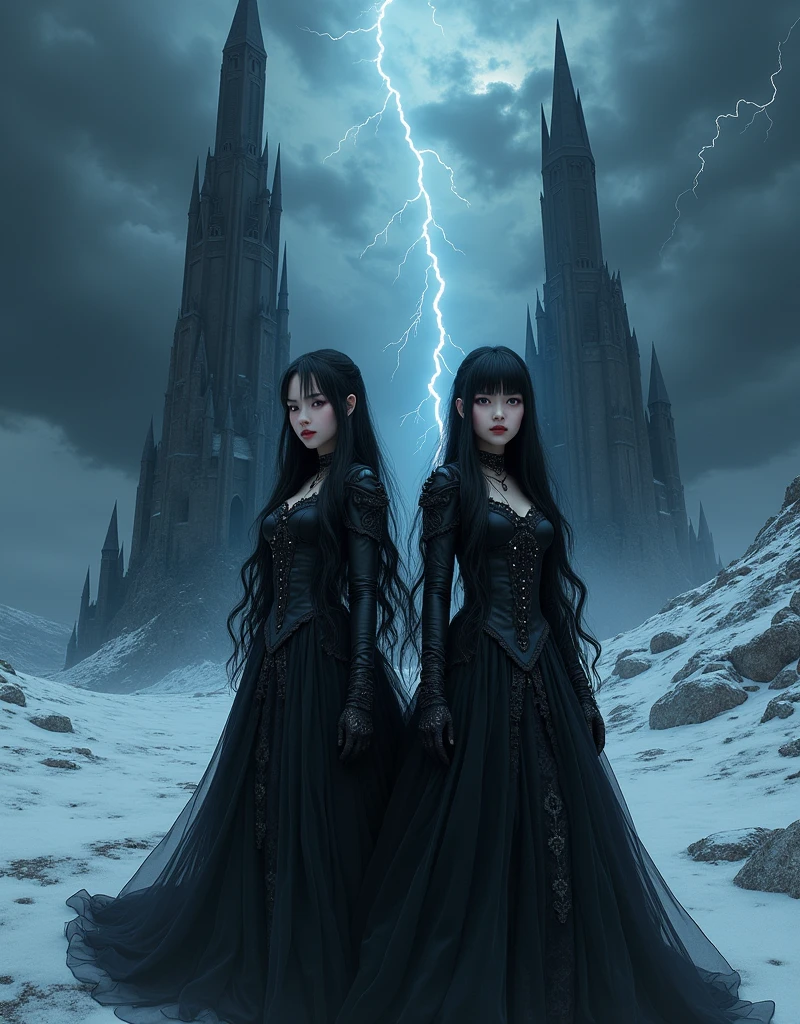  Gothic Fantasy Scenery 、 Two eerie black towers towering over the freezing wilderness、 Lightning Runs in the Sky with Dark Clouds Draping 、 Two Beautiful Girls in Black Standing Side by Side 、 Identical Twin Sisters、 Long Beautiful Black Hair 、Princess Cut with Bangs 、 Beautiful Exquisitely Drawn Faces 、Sharp and cold gaze、 Extremely Elaborate Gothic Lolita Fashion 、Ultra-detailed、 they love each other 、 cinematic lighting 、 Dark Fantasy Realism 、 Concept Art 、 professional photos 、Sharp focus、 vibrant colors、Cinematic