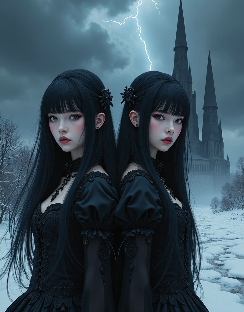  Gothic Fantasy Scenery 、 Two eerie black towers towering over the freezing wilderness、 Lightning Runs in the Sky with Dark Clouds Draping 、 Two Beautiful Girls in Black Standing Side by Side 、 Identical Twin Sisters、 Long Beautiful Black Hair 、Princess Cut with Bangs 、 Beautiful Exquisitely Drawn Faces 、Sharp and cold gaze、 Extremely Elaborate Gothic Lolita Fashion 、Ultra-detailed、 they love each other 、 cinematic lighting 、 Dark Fantasy Realism 、 Concept Art 、 professional photos 、Sharp focus、 vibrant colors、Cinematic