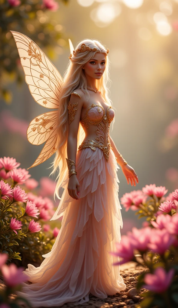 Create a portrait of an ethereal fairy with long, flowing hair standing in a garden filled with pink flowers. big breast, She has delicate, translucent wings that shimmer in the light, and she's wearing an elegant, flowing gown adorned with golden floral details and delicate jewelry. Her expression is soft and serene, and the background is blurred with warm tones, enhancing the magical and enchanting atmosphere of the scene. The overall lighting is soft, giving the image a dreamy and otherworldly feel