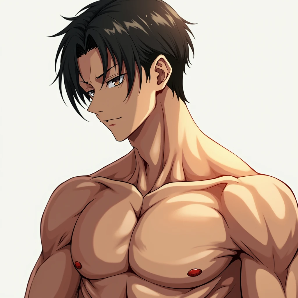 Shirtless anime guy with black hair and 6 pack abs. He also has a red vest thrown over him.