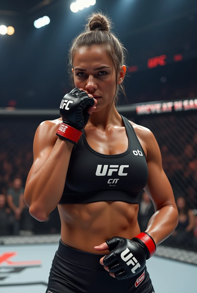 Full body photo of SEXY 50YO MATURE MILF AISHWARYA RAI as SEXY MMA FIGHTER, ((smirking face)), WHITE gym shorts, tank top, braided coloured ponytail hair, (((fighting pose in MMA ring))), FIGHT CLUB NIGHT scene, healthy mature hourglass figure, breasts with slight cleavage, look straight at camera, sexy 50 yo mature MILF, soft volumetric lights, intricate details, (ArtStation:1.2)