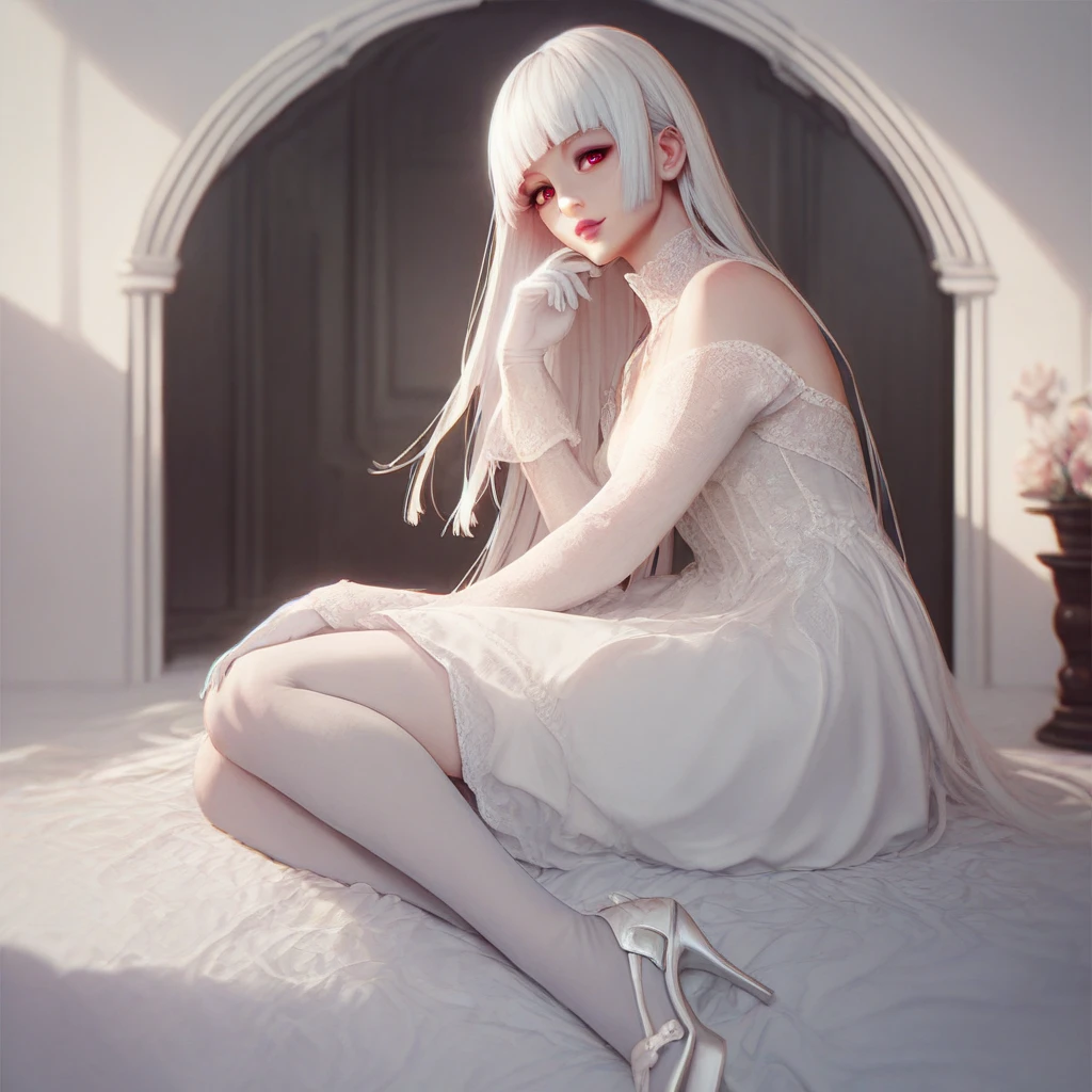 1girl, Solo, Looking At viewer, Long Hair, Hime Cut,  Albino, White Hair, Pale Skin, Red eyes, Pink Eyes, Long Sleeve Dress, White Dress, White stockings, White gloves, White MaryJane Heels. 