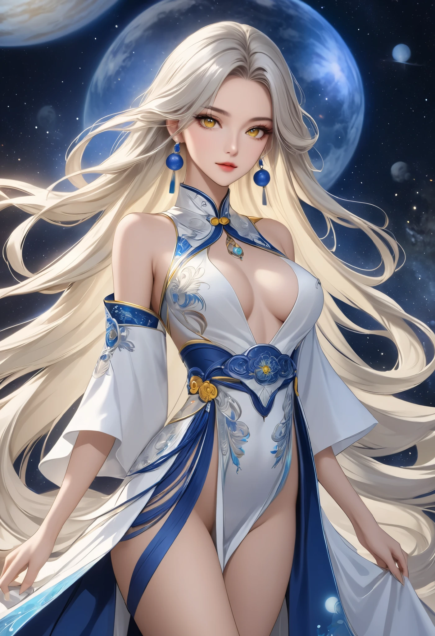 beautiful女性, Silver Blonde Long Hair , The greatest goddess, whole body, Beautiful, beautiful, space facing directly opposite each other, earrings, Chinese style costume, Mysterious Outfit , blue yellow white , is facing here in real form, high image quality, Masterpiece, 8k high resolution, anime style ,