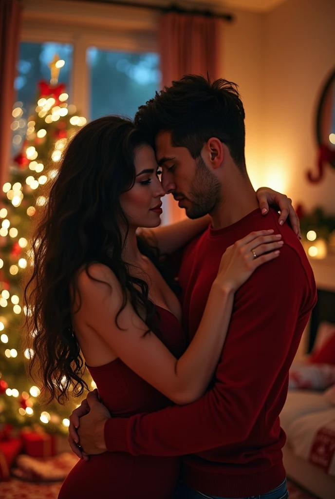Casal
Uma mulher Morena dos Blue Eyes, siliconed,Big wavy hair , wearing Christmas clothes and her dark-haired boyfriend with black hair, Blue Eyes,muscular, hugging each other in the living room near the Christmas tree at night