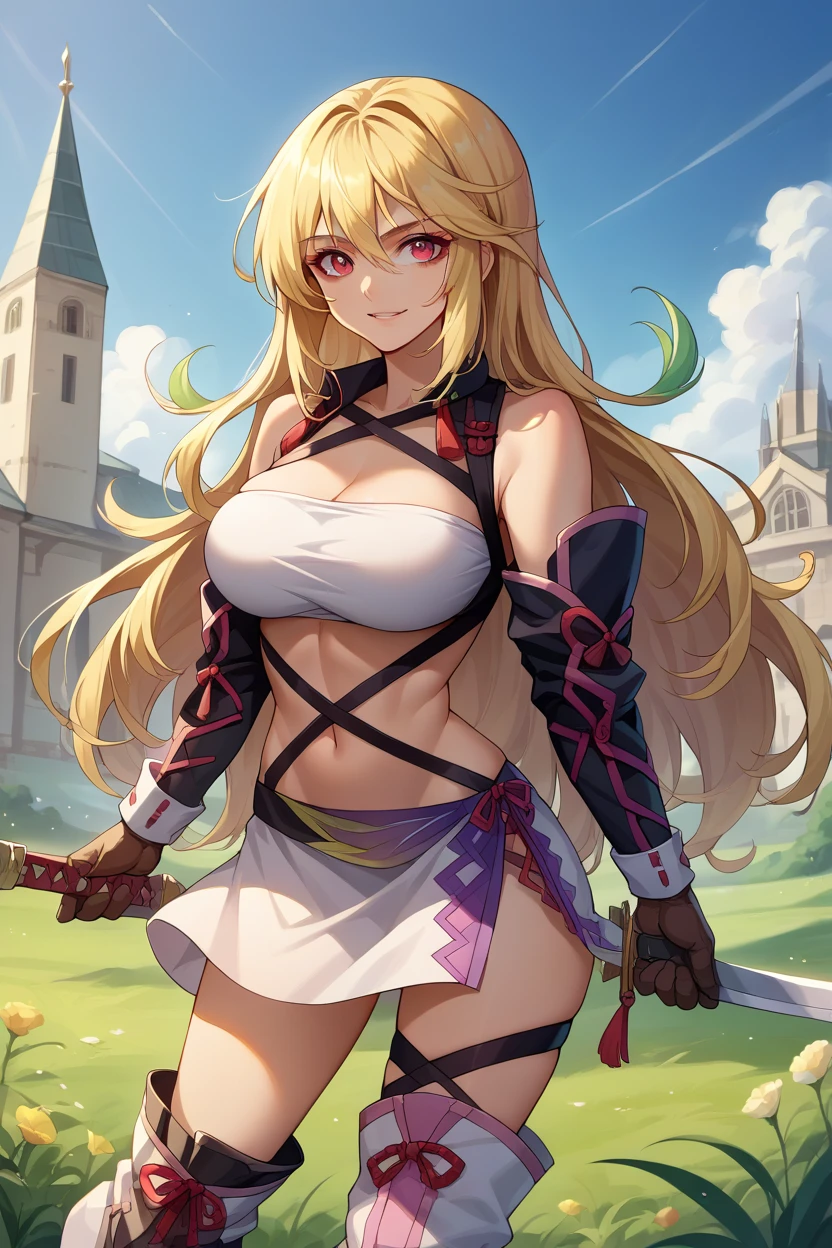 score_9, score_8_up, score_7_up, score_6_up,  source_Anime, Alone, tox1milla , Blonde, Multicolored Hair,  ,  white tube top  , Black strap, Harness, Broken Up , Black sleeves,  Black Gloves ,  white miniskirt , Knee Boots, Big Breasts, cowboy shot and standing,  knight sky, Field,  knight , looking at you,  inappropriate smile,  majestic church interior background 、 tapestry lowered from above 、 holds a Western-style sword in a cool way、Hold a sword with one hand 、