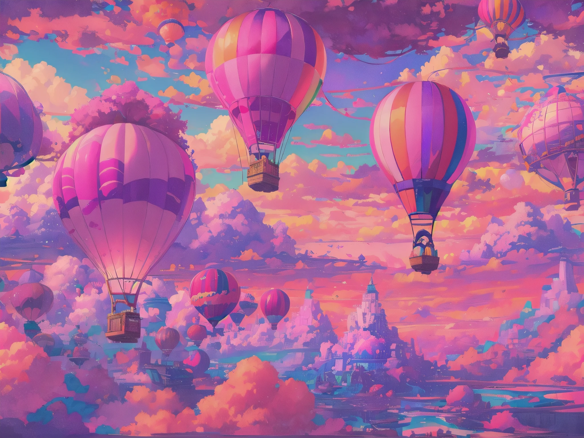 Generate a vibrant vaporwave scene with rich fantasy elements and hot air balloons. Include bold hues, watercolor clouds, and a dreamy background. The hot air balloon is important and should be detailed and pretty. 