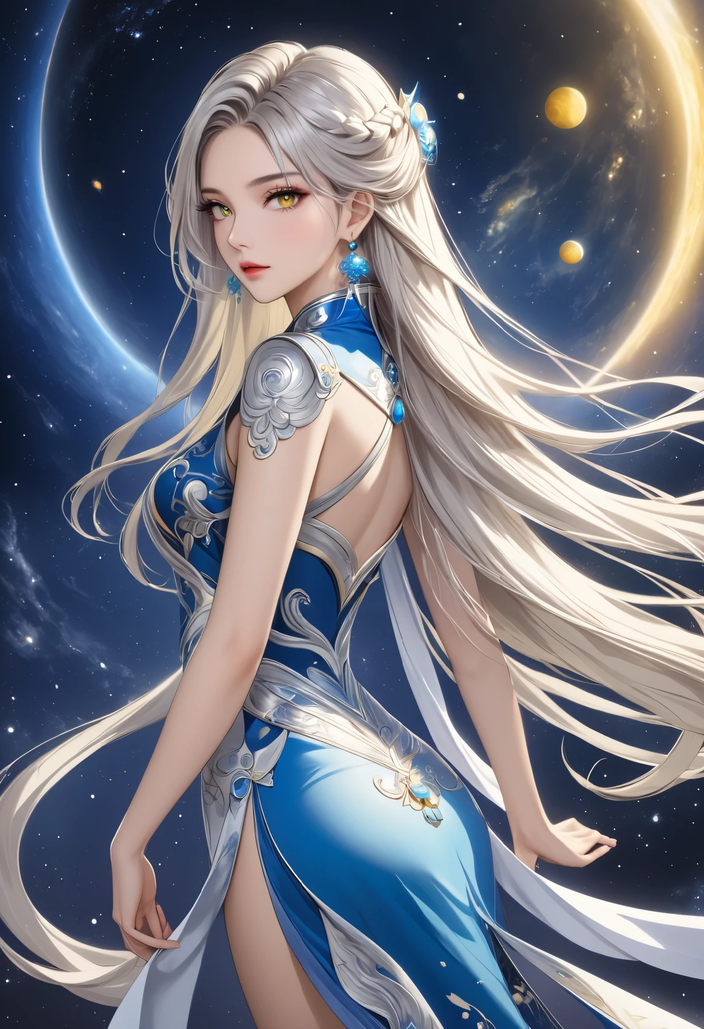  beautiful女性,  Silver Blonde Long Hair , The greatest goddess, whole body, Beautiful,  beautiful,  space facing directly opposite each other, earrings, Chinese style costume, Mysterious Outfit , blue yellow white ,  is facing here in real form,  high image quality,  Masterpiece, 8k high resolution,  anime style , 