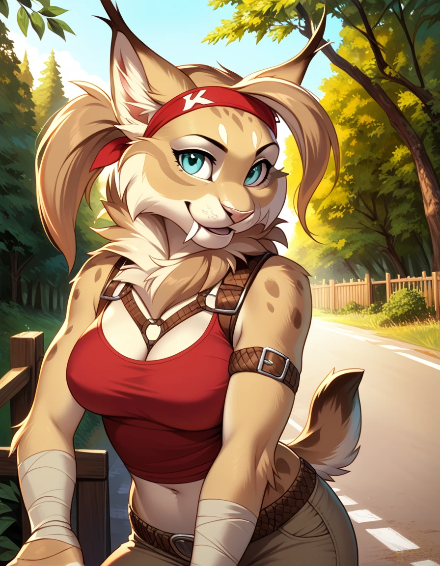 doubletroublexl, jade (kabscorner), 1girl, lynx, source_furry, realism, cowboy shot, belt across breasts, white and red shirt, headshot, upper body, face focus, solo, pulling on headband, female focus, happy, tan fur, red headband, short blond hair with fringe, white and red tank top, brown leather boob strap, thigh and arm straps, green outdoors background with trees and a wooden fence fence, clearing, road, building, detailed fur, score_9, score_8_up, score_7_up,