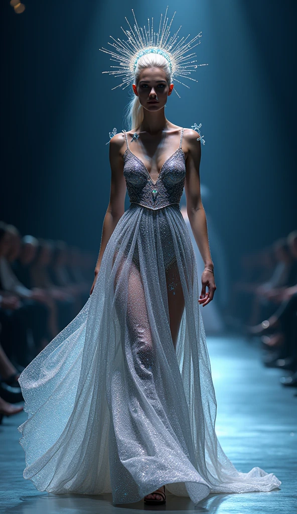 (Best quality, 8k, 32k, Masterpiece, UHD:1.2),Photo of Pretty Japanese woman, 1girl, (medium-short dark brown hair), double eyelid, fashion model,1.77meters, beautiful legs, unique maxi very wet silver dress with slit, off-shoulder, gold belt, choker, stand tall, runway, huge stage, Paris Collection, nsfw, full body, see through,,
