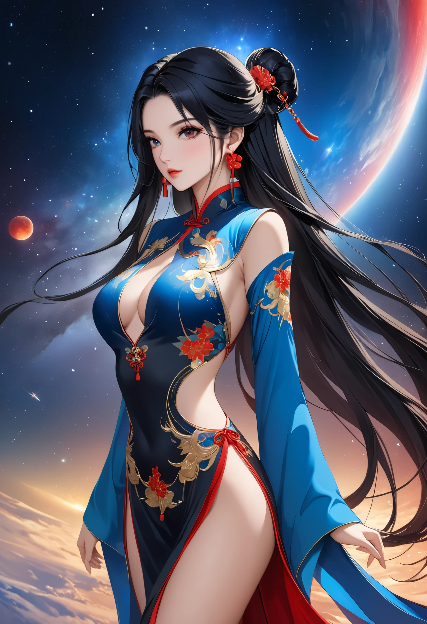  beautiful女性,  long black hair, The greatest goddess, whole body, Beautiful,  beautiful,  space facing directly opposite each other, earrings, Chinese style costume, blue red,  is facing here in real form,  high image quality,  Masterpiece, 8k high resolution,  anime style , 