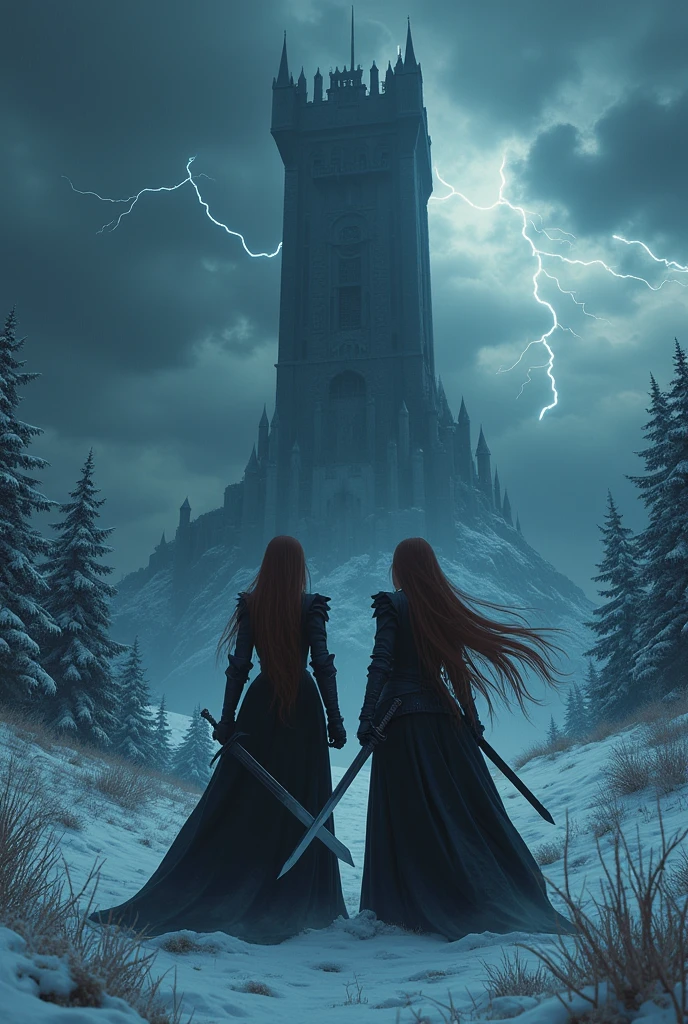 dramatic gothic fantasy landscape, ominous black tower looming in a frozen wilderness, dark clouds overhead with lightning flashing, two beautiful young female knight sisters standing side by side wielding swords, highly detailed faces with beautiful eyes, long flowing hair, the final battle, (best quality,8k,highres,masterpiece:1.2),ultra-detailed,(realistic,photorealistic,photo-realistic:1.37),cinematic lighting,dark fantasy realism,concept art,professional photography,sharp focus,vivid colors