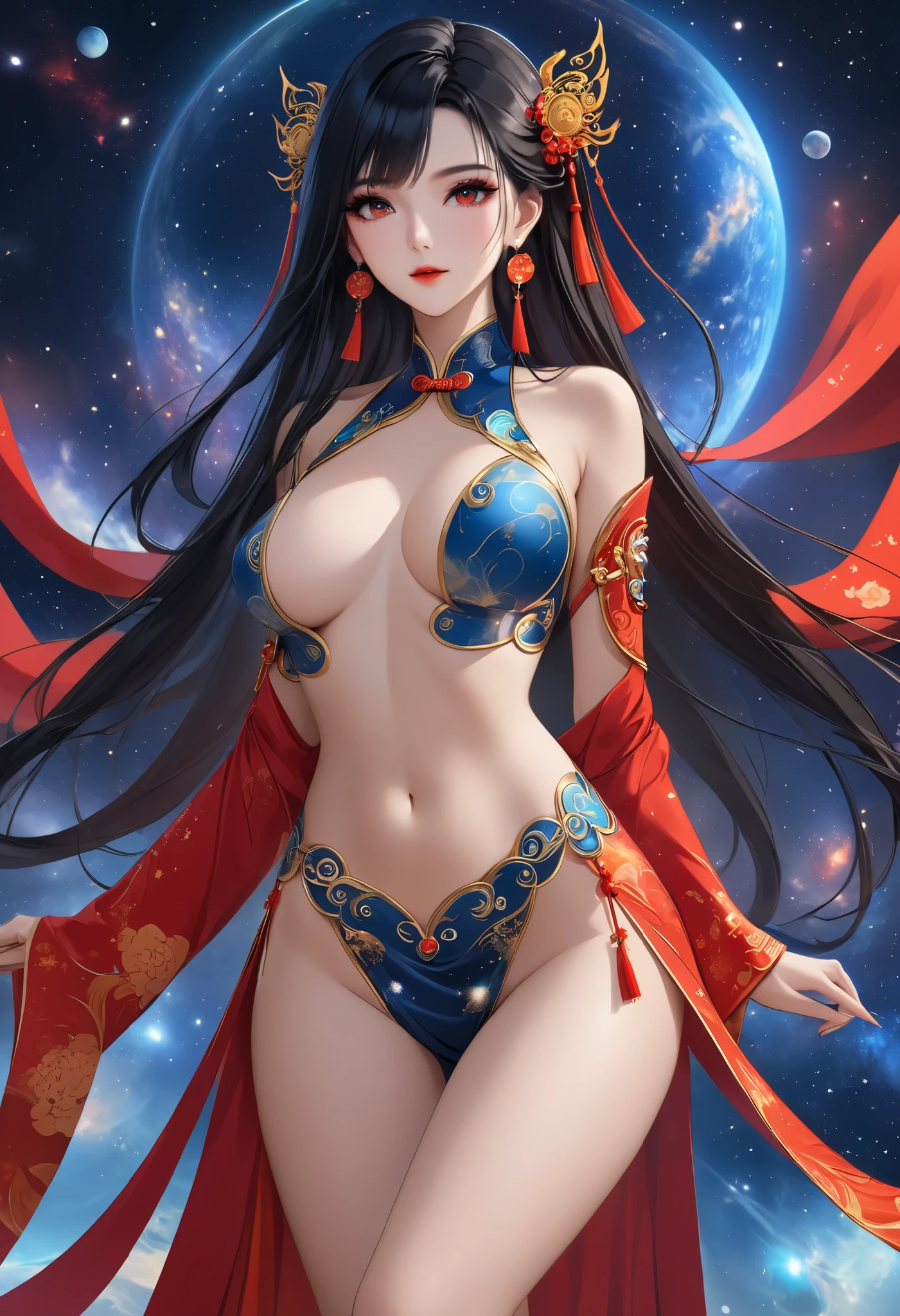  beautiful女性,  long black hair, The greatest goddess, whole body, Beautiful,  beautiful,  space facing directly opposite each other, earrings, Chinese style costume, blue red,  is facing here in real form,  high image quality,  Masterpiece,  8K,  anime style , 