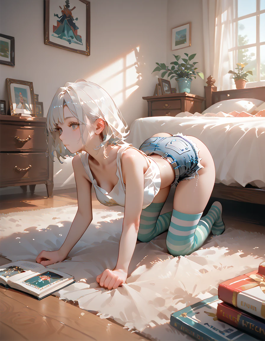 score_9, score_8_up, score_7_up, score_6_up, rating_safe, (masterpiece, best quality), 1girl, medium breasts, small hips, crop top, loose denim shorts, bedroom, striped thighhighs, pervert, bare ass, on all fours,