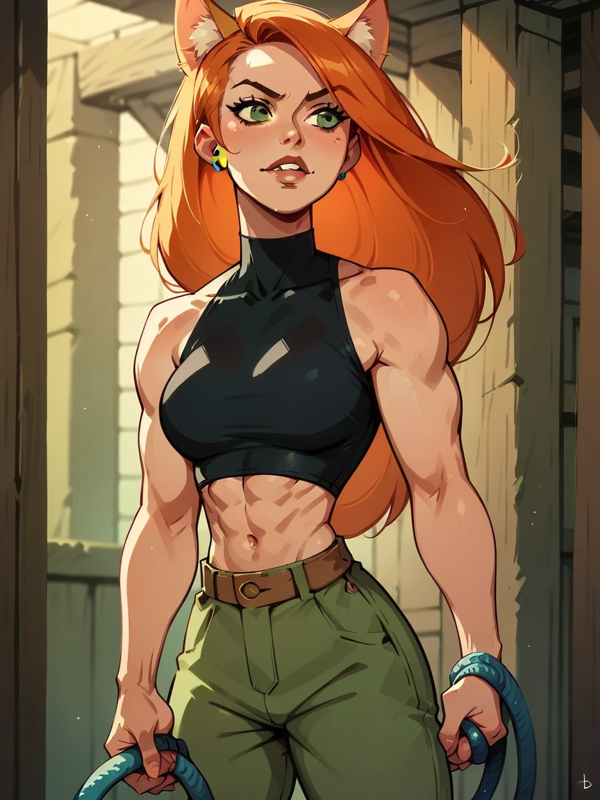 Score_9, Score_8_high, Score_7_high, Score_6_high, Score_5_high,  kim possible,  1 girl, Alone, green eyes,  long hair, bauchnabel, Hose,  orange hair big muscles, muscular body, fox ears, big breast