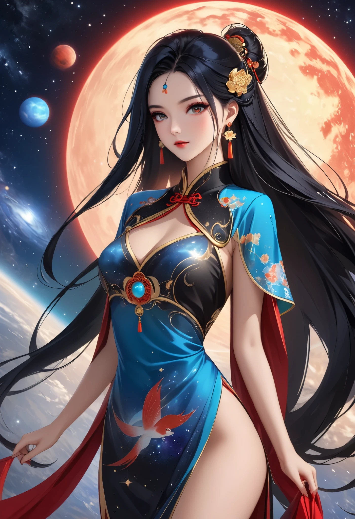  beautiful女性,  long black hair, The greatest goddess, whole body, Beautiful,  beautiful,  space facing directly opposite each other, earrings, Chinese style costume, blue red,  is facing here in real form,  high image quality,  Masterpiece,  8K,  anime style , 