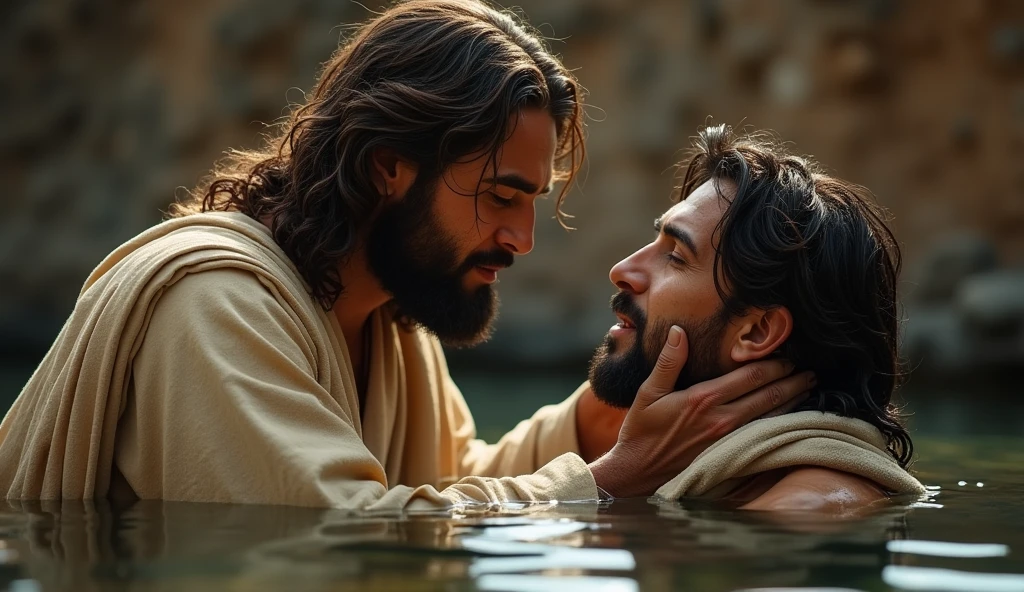 jesus is hugging a man in the water in a lake