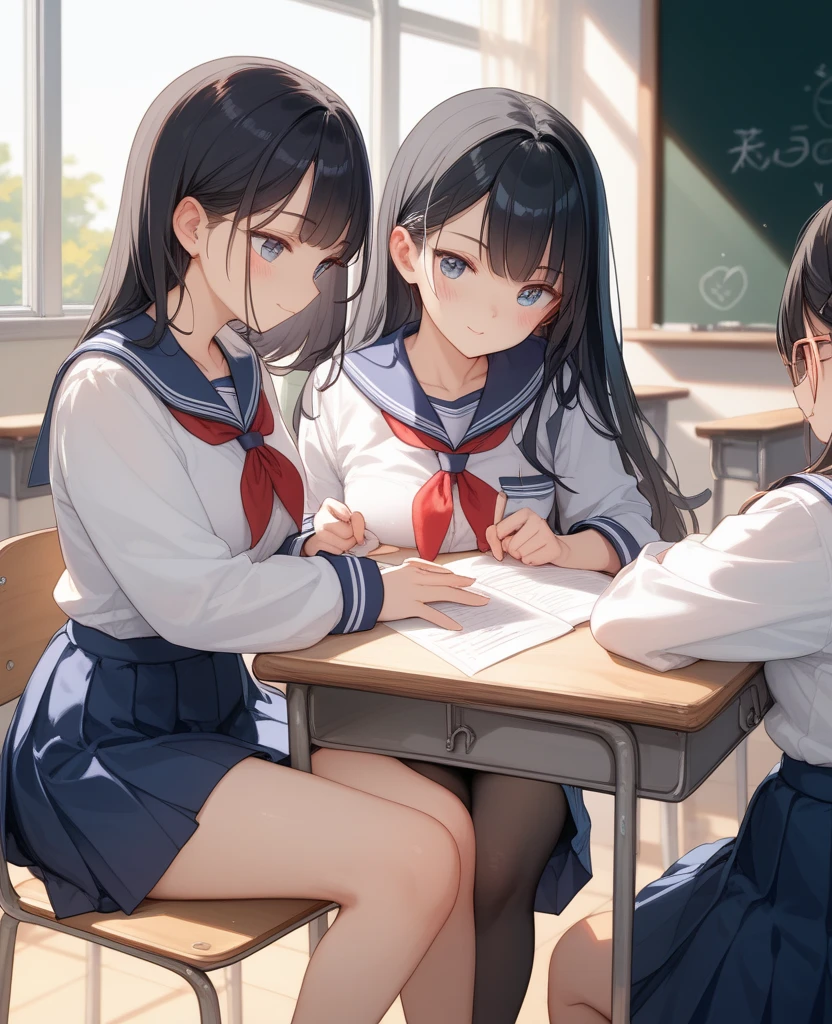 (masterpiece, sidelighting, finely detailed beautiful eyes: 1.2), ((best quality)), ((masterpiece)), (highly detailed:1.3), anime, five young girls standing together in classroom