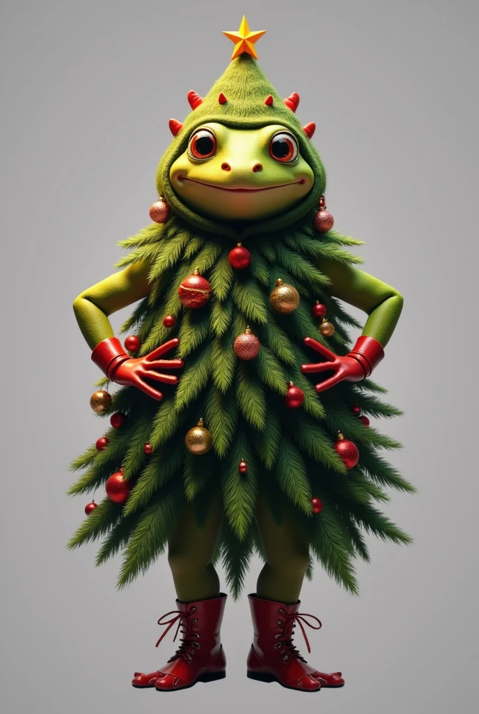 photorealistic portrait of Dressed animals - a ((fat)) (frog) performer,(Art by loish:1.2),(Christmas theme),(cute),(happy smile:1.2), (elegant),(hands on hips:1.5), high quality,(lovely) ,(highly detailed Christmas tree costume:1.5),Christmas motif accessories, ,(highly detailed hoodie inspired by Christmas tree), ( boots),(Christmas atmosphere), (happy), soft lighting,(full body image:1.5),simple background, ,score_9, score_8_up, score_7_up, score_6_up, score_5_up, score_4_up,(looking at the camera:1.5)