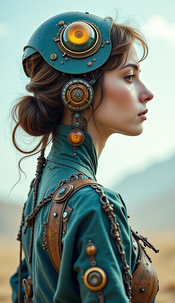 photograph, space, woman , 20 years old, wearing Chaperon, Mechanical Body Parts, Interplanetary magnetic field background, ultrafine detailed, Sci-Fi, double exposure, Sony A7, Depth of field 100mm, Colorless, stylized by artgerm, greg rutkowski and alphonse mucha