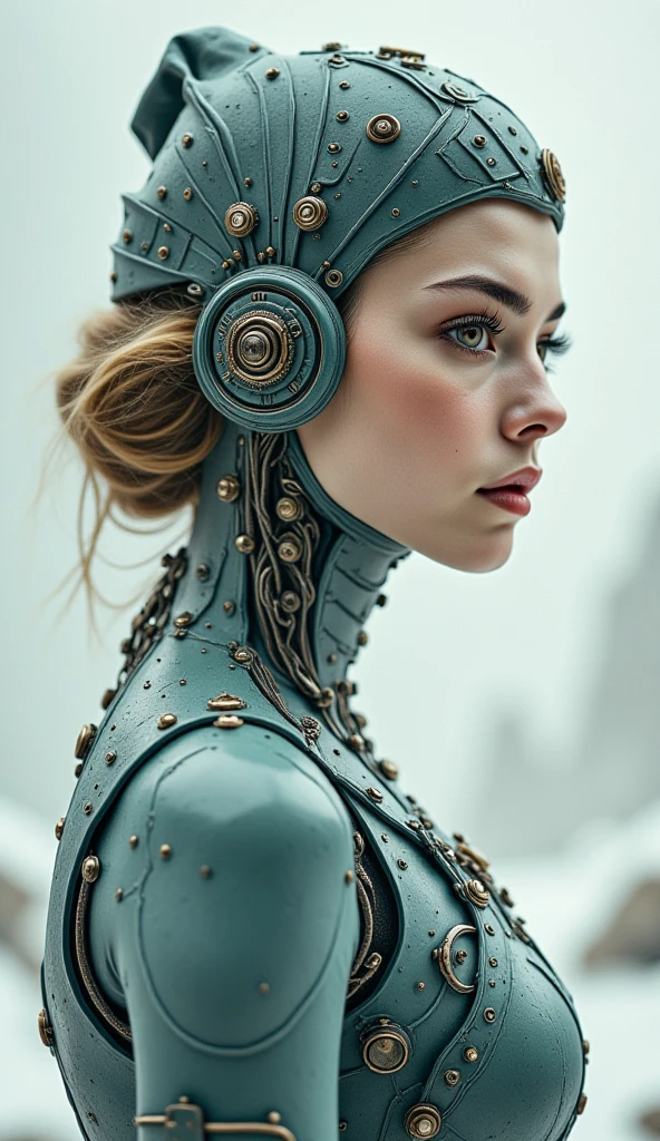 photograph, space, woman , 20 years old, wearing Chaperon, Mechanical Body Parts, Interplanetary magnetic field background, ultrafine detailed, Sci-Fi, double exposure, Sony A7, Depth of field 100mm, Colorless, stylized by artgerm, greg rutkowski and alphonse mucha