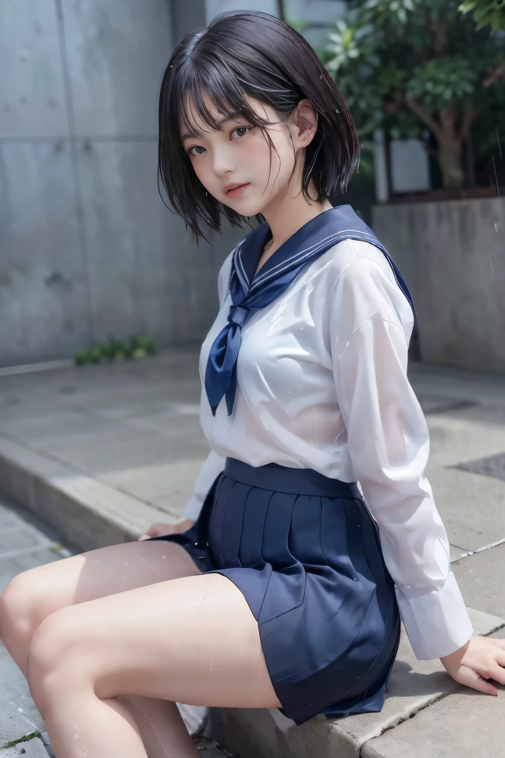 Masterpiece、( top quality:1.4)、1girl、(nsfw)、 super detailed 、low angle、foot focus、foot close-up black hair、 Belly Shorthair、parted hair big eyes、 small face 日本の女子高生の sailor suit、 sailor suit、 skirt、プリーツ skirt、see-through、see-through brassiere、 small breasts、 Soft Thighs、 thick thighs、 long foot、 small butt、panty、 panties Soaking、 hair wet sit on the ground、 sit on your knees rain、(Rain)、Puddle、concrete background real light 、 realistic shadows、 skirtの下に影