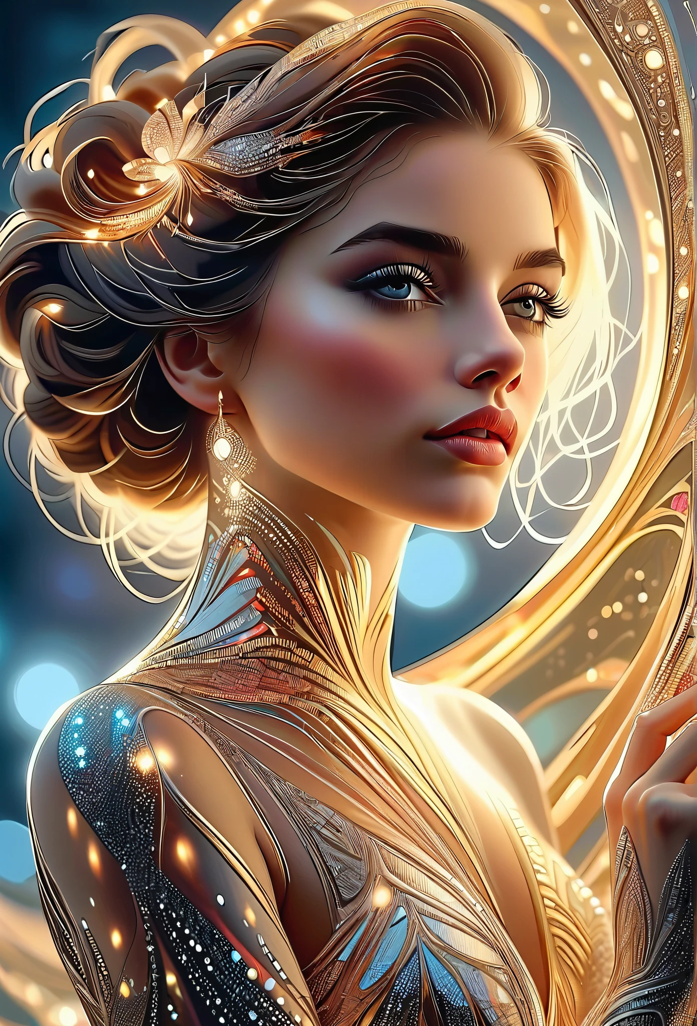 A beautiful young woman, elegant, macro , beautiful, close up, elegant ,surrealist artistic concept, splendid, perspective angle, young masterpiece top detailed, Epic fashion, sci-fi, Organized, minimum ,clean, splendid,  Masterpiece Incredible , detailed, ring of light, HD

