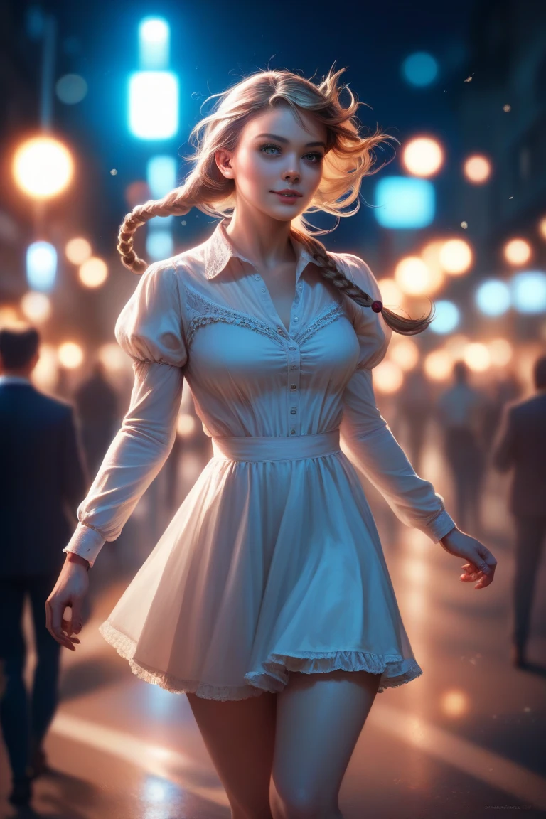 best quality, photorealistic, 1girl, woman,(skindentation), medium breast, (bright), (professional lighting, bokeh), (street), people, crowds, braided bangs, (blouse:1.5), (portait:0.8), gorgeous, bloom, floating hair, (dynamic pose:0.6) , soft lighting, 