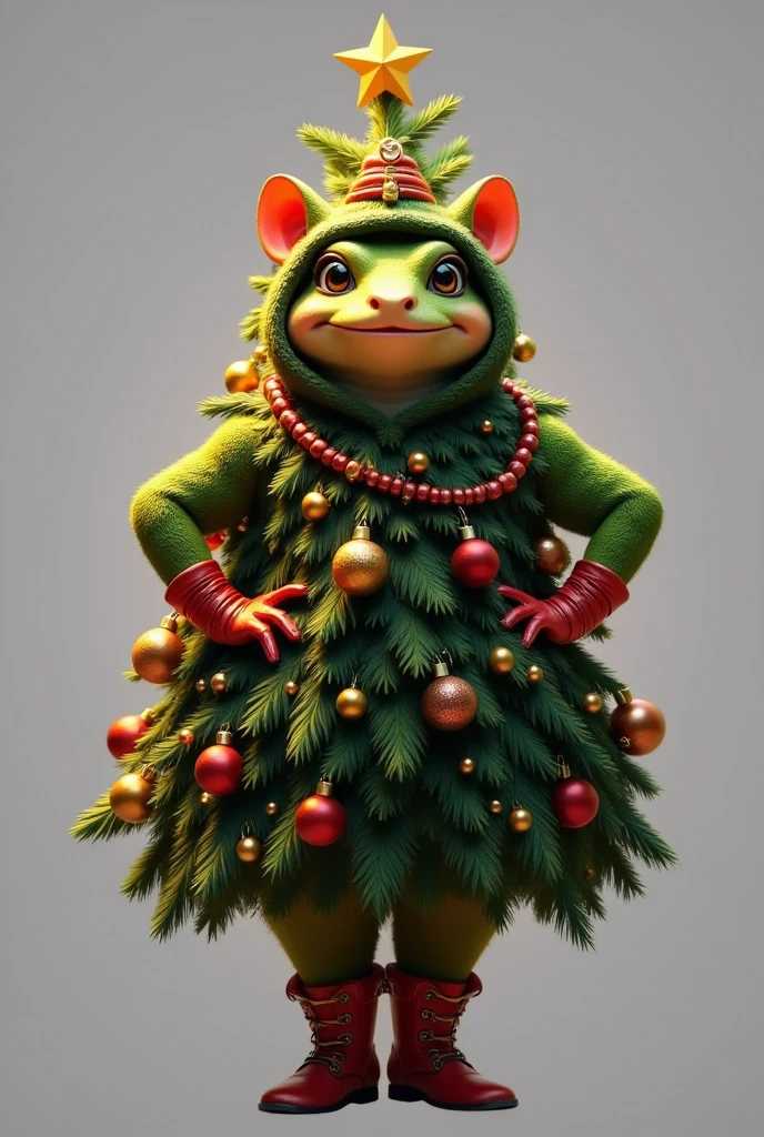 photorealistic portrait of Dressed animals - a ((fat)) (toad) performer,(Art by loish:1.2),(Christmas theme),(cute),(happy smile:1.2), (elegant),(hands on hips:1.5), high quality,(lovely) ,(highly detailed Christmas tree costume:1.5),Christmas motif accessories, ,(highly detailed hoodie inspired by Christmas tree), ( boots),(Christmas atmosphere), (happy), soft lighting,(full body image:1.5),Christmas  background, ,score_9, score_8_up, score_7_up, score_6_up, score_5_up, score_4_up,(looking at the camera:1.5)