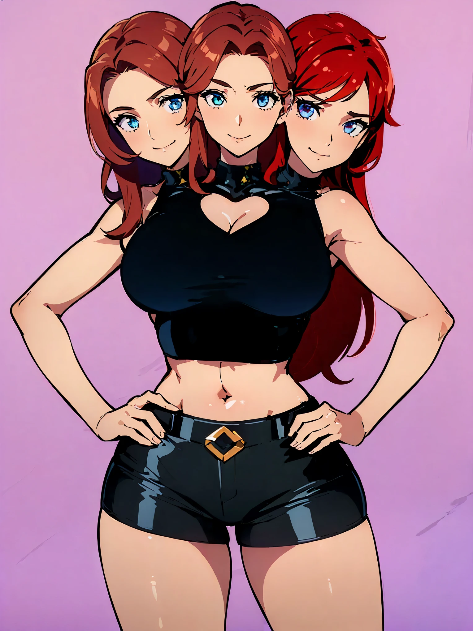 (masterpiece),(ultra-detailed), (high quality), (high resolution), best quality:1.5, UHD, 16K), best quality, masterpiece, ((3heads:1.5)), 1girl, Ultra resolution, 16k, best quality, 1girl,, (red hair), long hair, violet eyes, sleeveless high-collar crop top with a diamond-shaped cutout, midriff, (black shorts), gentle smile, blushing, ((detailed eyes)), (crop top), (sharp looking eyes), sexy woman, ((seductive silhouette)), sexy proportions, lustrous, three headed woman