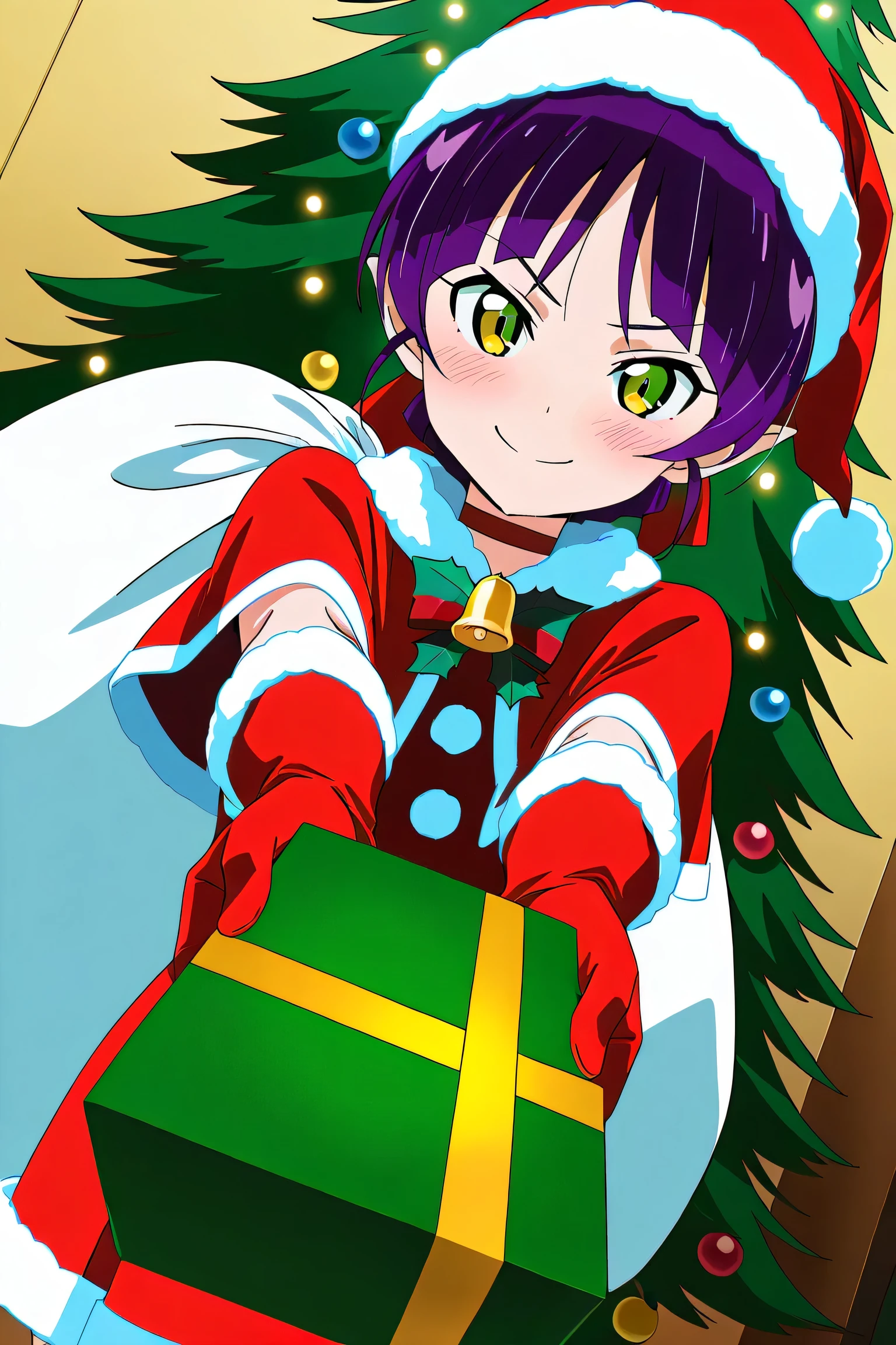 Masterpiece, Best Quality, Great Quality, Very Beautiful, Absurd, Latest, Landscape, (Anime Screen Cap), NMM1, Cat Girl, Cat Girl (GeGeGe no Kitaro 6), Solo Girl, Purple Hair, Yellow Eyes, Alone, Red Dress, Red Choker, Hair Ribbon, Pointed Ears, Short Hair, Santa Costume, Santa's Hat, scarf, anime screencap,  merry christmas, gift, fur-trimmed headwear, holding sack, santa dress, fur-trimmed dress, christmas tree, christmas tree, fur trim, red capelet, gift box, red gloves, fur-trimmed capelet, santa gloves, red hat, hat,, smile, blush, looking at viewer, incoming gift, outstretched arms, holding, holding gift, gift, gift box,, , dutch angle, cowboy shot