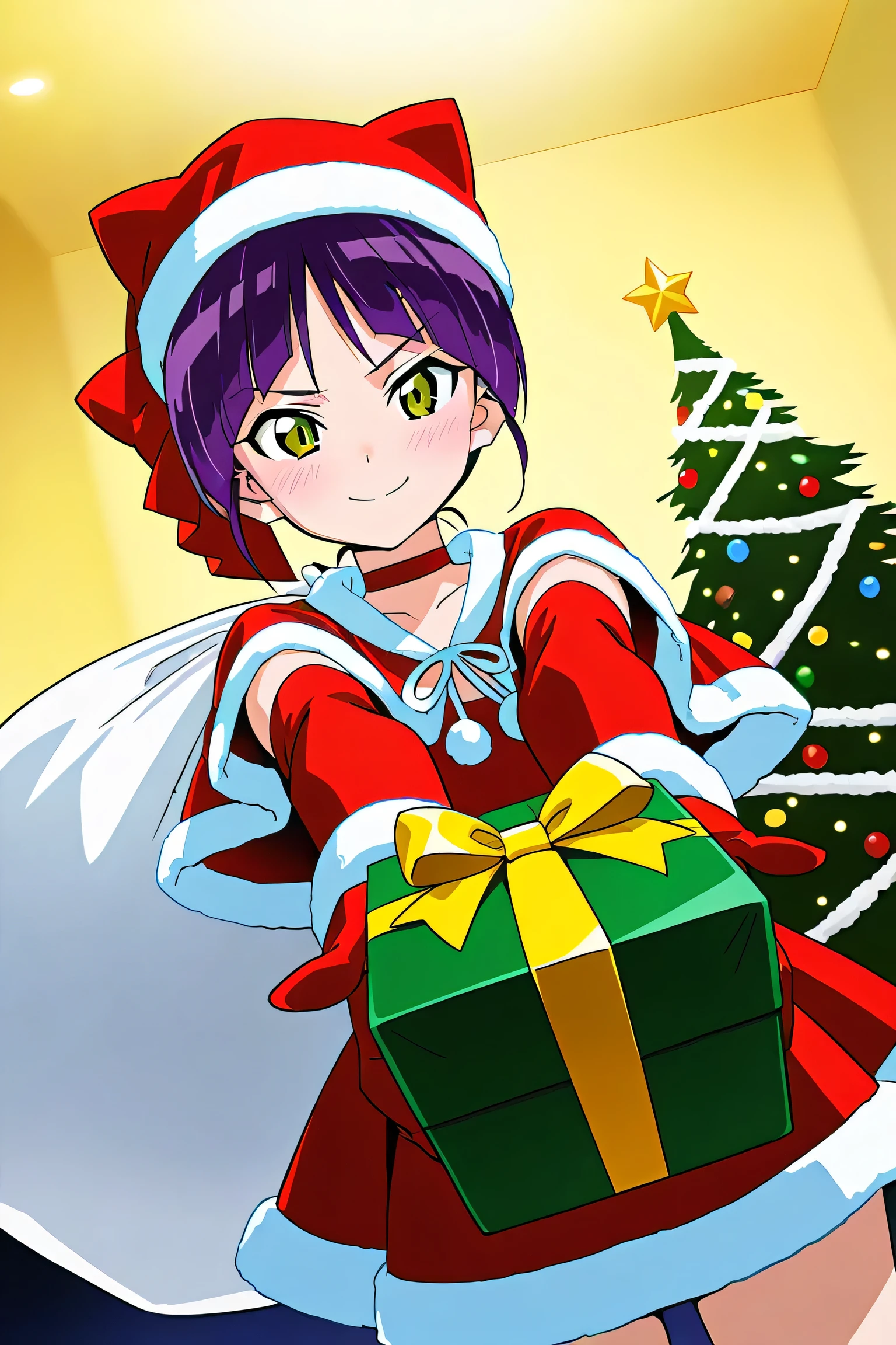 Masterpiece, Best Quality, Great Quality, Very Beautiful, Absurd, Latest, Landscape, (Anime Screen Cap), NMM1, Cat Girl, Cat Girl (GeGeGe no Kitaro 6), Solo Girl, Purple Hair, Yellow Eyes, Alone, Red Dress, Red Choker, Hair Ribbon, Pointed Ears, Short Hair, Santa Costume, Santa's Hat, scarf, anime screencap,  merry christmas, gift, fur-trimmed headwear, holding sack, santa dress, fur-trimmed dress, christmas tree, christmas tree, fur trim, red capelet, gift box, red gloves, fur-trimmed capelet, santa gloves, red hat, hat,, smile, blush, looking at viewer, incoming gift, outstretched arms, holding, holding gift, gift, gift box,, , dutch angle, cowboy shot