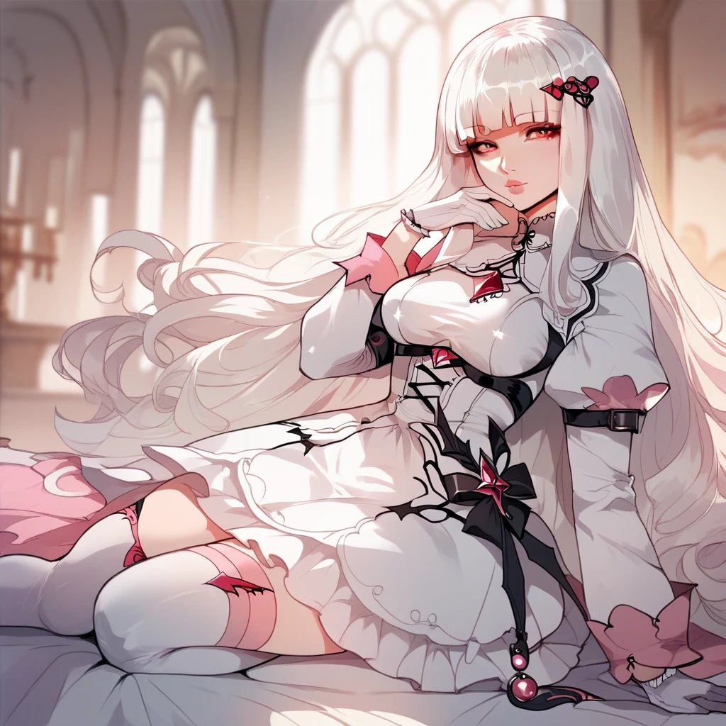 1girl, Solo, Looking At viewer, Long Hair, Hime Cut,  Albino, White Hair, Pale Skin, Red eyes, Pink Eyes, Long Sleeve Dress, White Dress, White stockings, White gloves, White MaryJane Heels. 