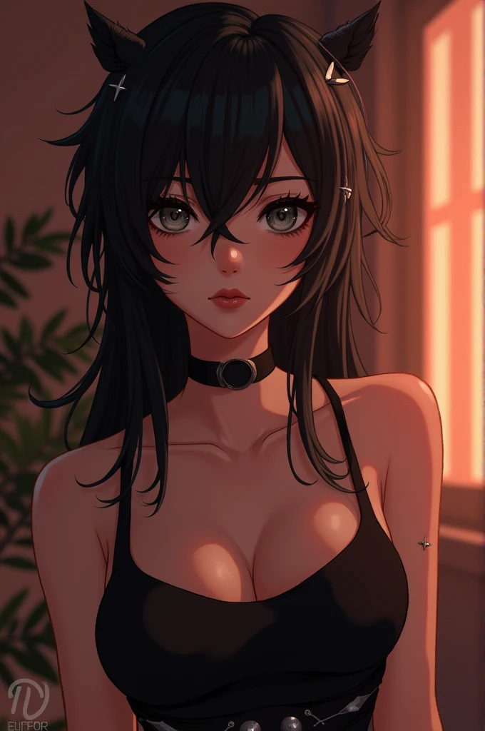 anime style ,Imagine a slender , cool her hair dramatically, creating a dynamic aura around her. Her eyes exude confidence, nice her smile A stunningly captivating image of a young woman with a beautiful face, striking eyes that shine with color, and a tattoo that hints at a rebellious streak. She stands against a classic backdrop, her charming demeanor evident in her nice and shiny hair. The photo exudes elegance and sophistication, with every detail meticulously captured in 4k resolution. The overall composition exudes a sense of high quality, showcasing the subject's captivating beauty in a way that is both timeless and alluring The lifelike detail and exquisite rendering in this piece elevate it to a work of exceptional quality, drawing viewers in with its remarkable clarity and depth.4k, beautiful face, beautiful eyes, shine color eyes, tattoo bad boy, classic backdrop, short form a far, she has charming , nice hair, shine hair, best photo