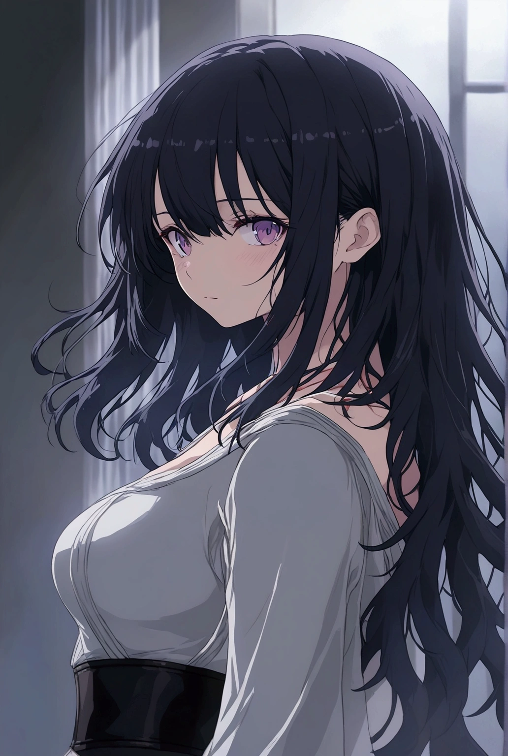 Beautiful girl, beautiful girl, long black hair, pure and clean, cleavage