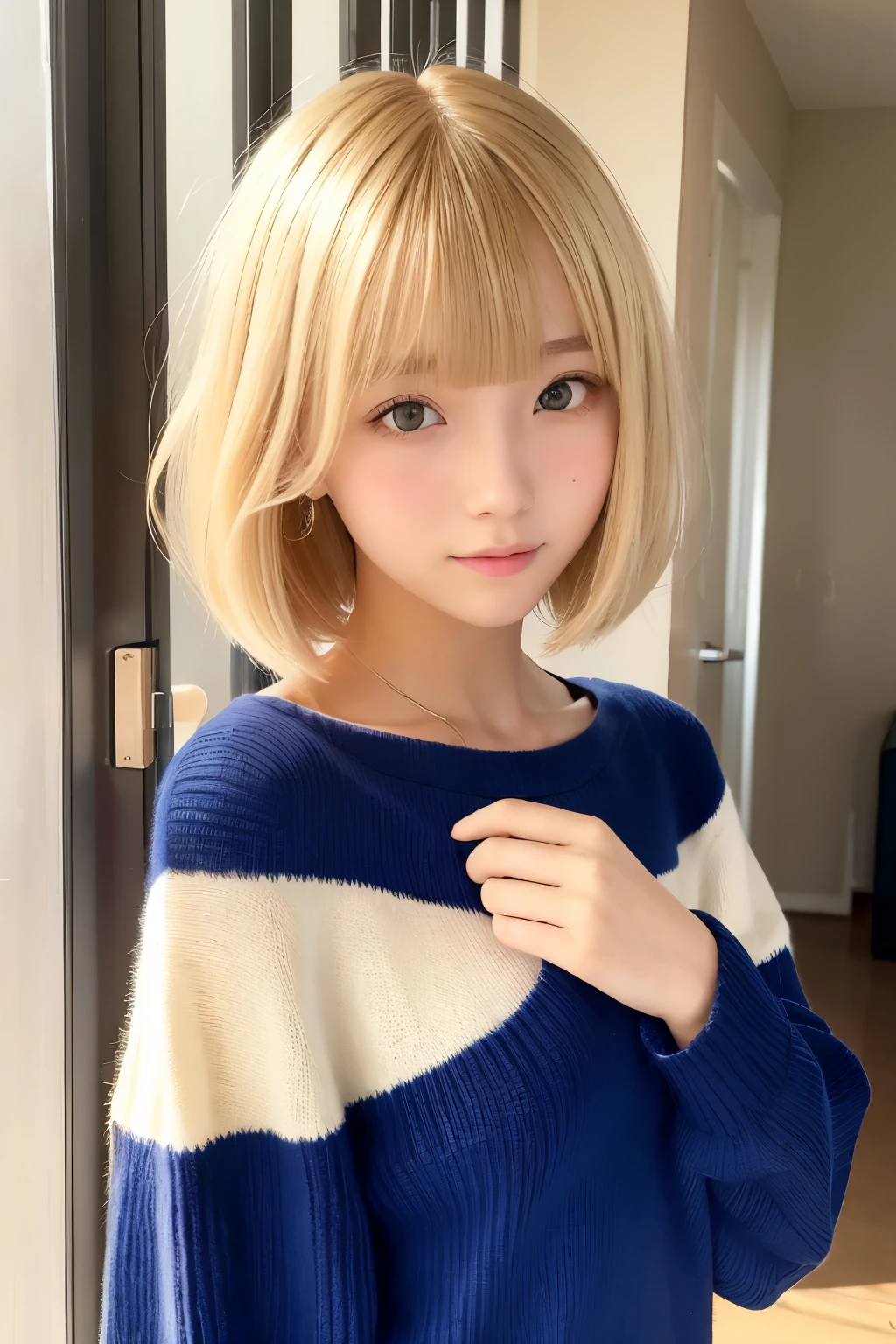 (Highest quality、4K、8k、High resolution、masterpiece:1.2)、Very detailed、(Genuine、Realistic、Realistic:1.3)、Japanese、high school girl、Big Breasts、blonde、Pixie Cut、turtleneck sweater、Black choker、Full body photo
