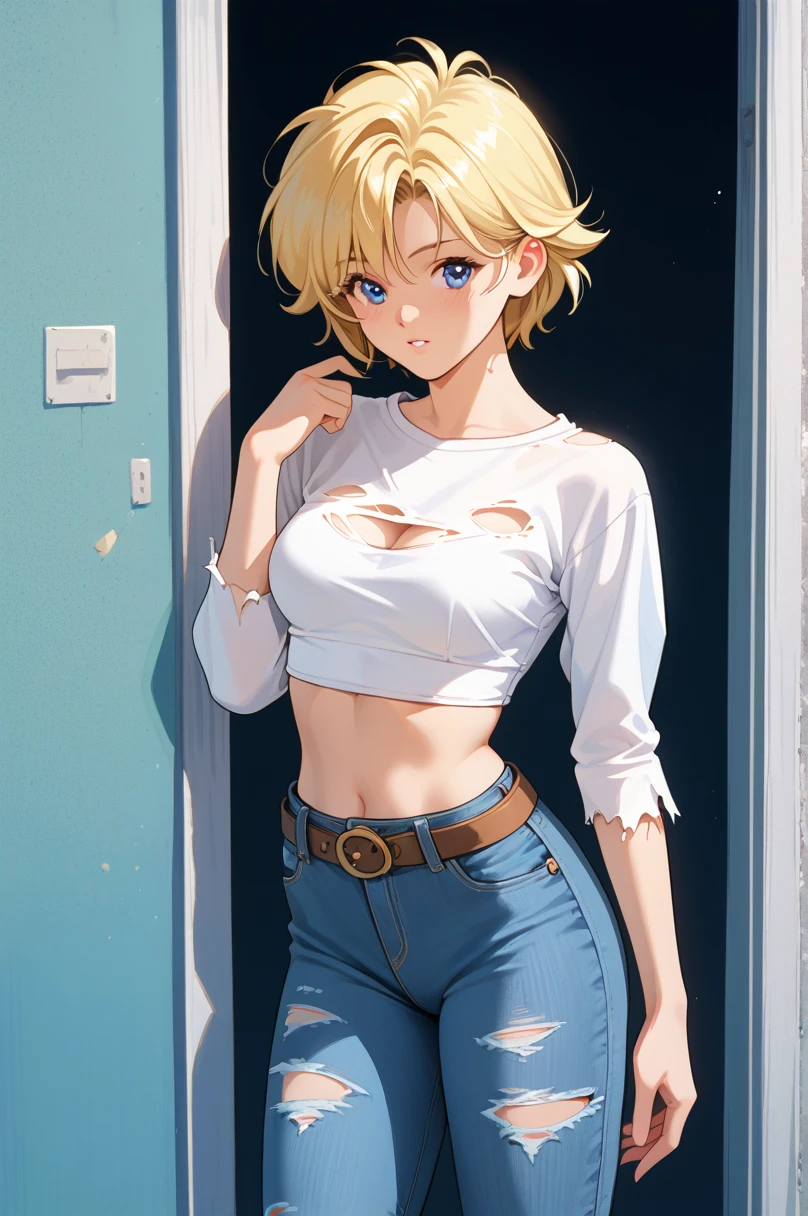 Amano Ai,  1 girl , Alone,  pants, denim, jeans,  short hair,  torn clothes, belt,  Long Sleeve ,  retro art style,  watching viewers, cowboy shot, midriff, torn  pants, Blonde,